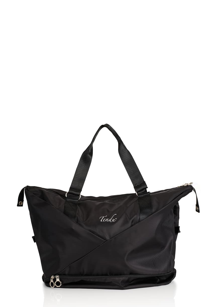 Roomy and stylish this dance bag by Tendu has a generous bottom compartment to keep wet goods, shoes etc separate from the clean stuff ! It features a sleeve on the back that slots onto the handles of a suitcase for easy transportation