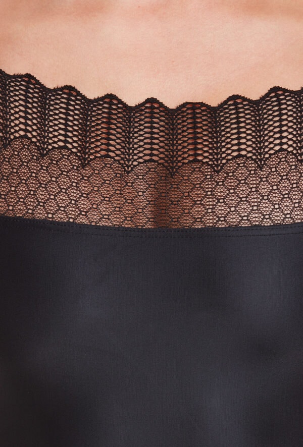 55243071 Cap Sleeve Leotard with Scalloped Lace Yoke