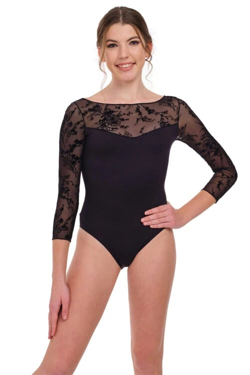 Gina - 3/4 Sleeve Flocked Tulle Boat Neck Leotard