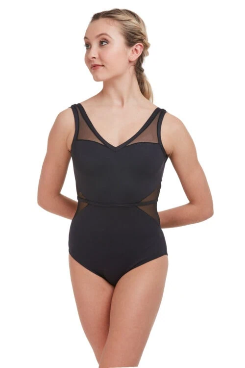 int-31514-blk-frsont Intermezzo V-Neck Mesh Panel Leotard 31514