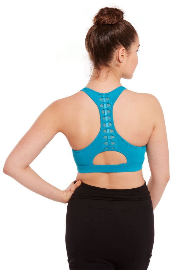 z6045-teal-bacl Spliced Twist Back Crop Top
