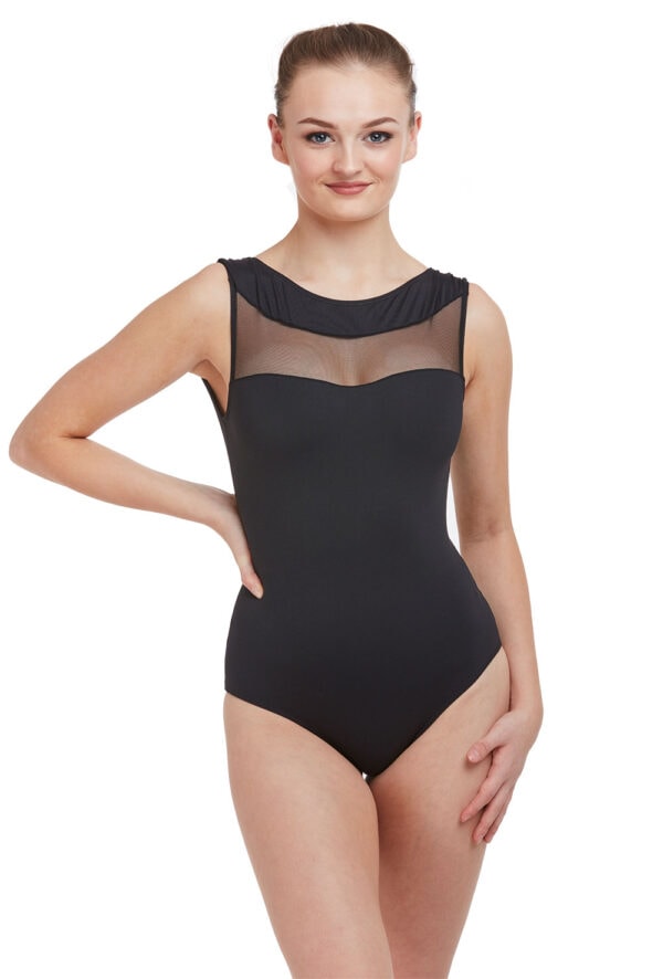 High Neck Plunge Back Leotard with Mesh Insert