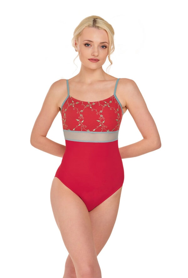 della-Lo-Brigid-front Brigid - Luxe Italian Embroidered Leotard with Transparent Belt