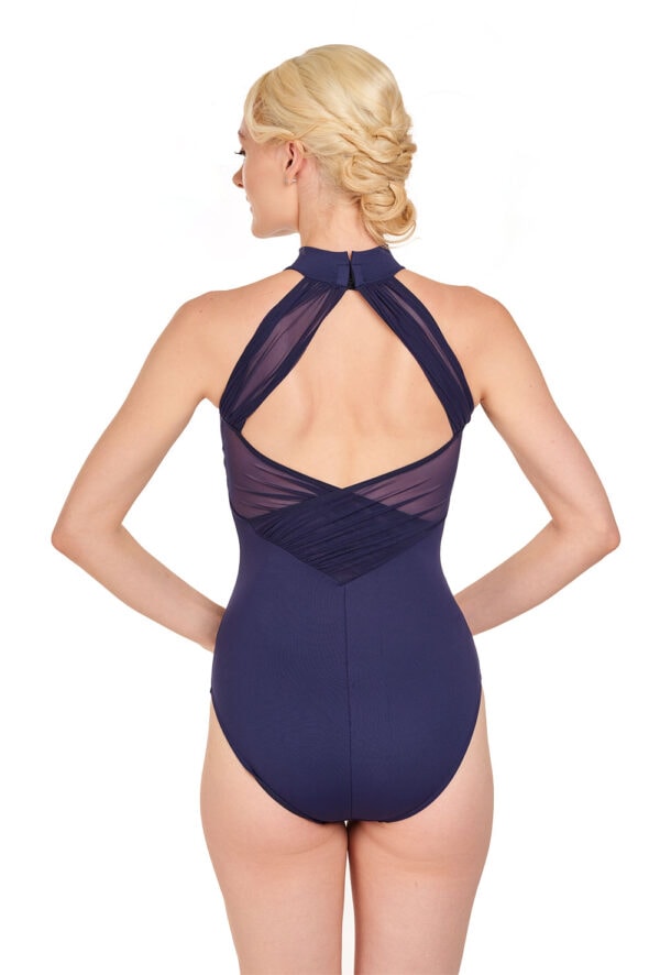 31466-navy-back Drape Mesh High Neck Leotard