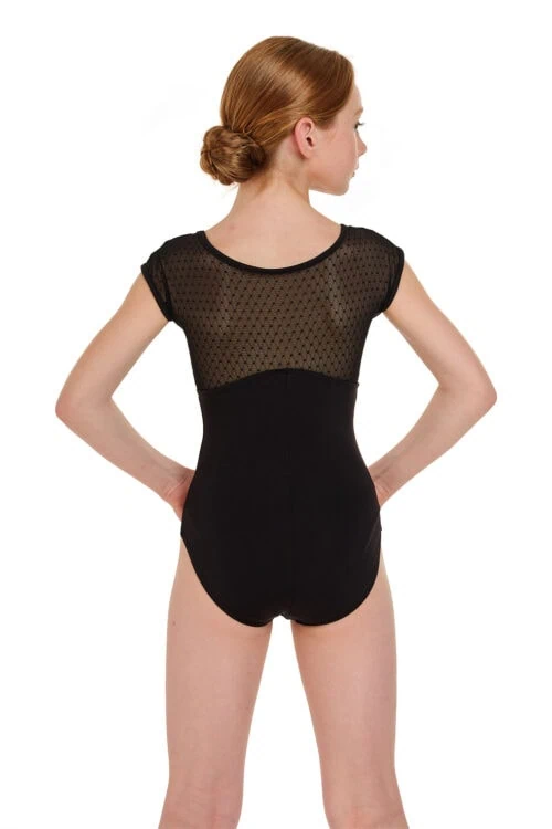 L-1385ME-back Girls Diamond and Spot Mesh Cap Sleeve Leotard