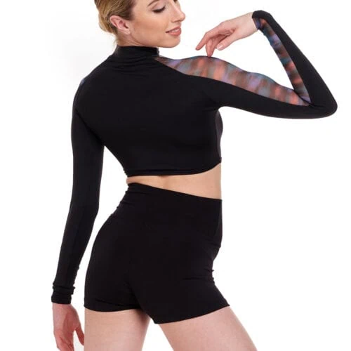 Long Sleeve Crop Top with Blur Print Mesh Panel