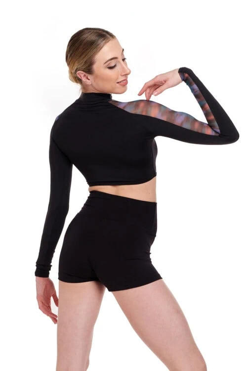 Long Sleeve Crop Top with Blur Print Mesh Panel