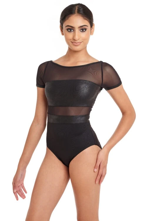 L0522B-blk-bk Reika - Cap Sleeve Leotard with Faux Leather Panelled Bodice