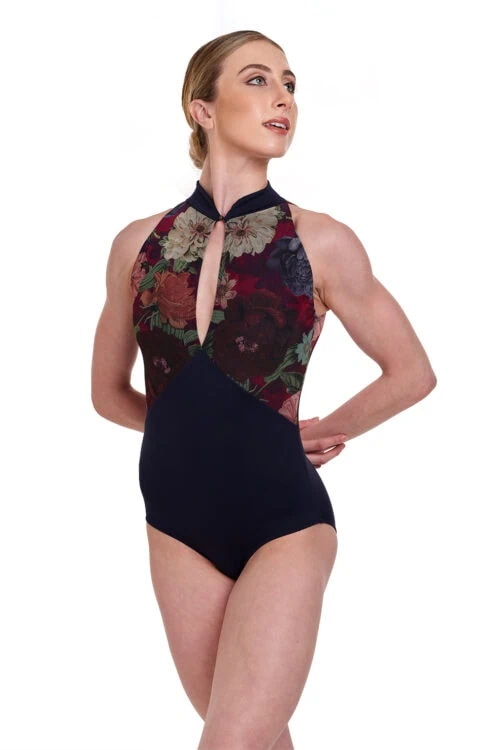 hazel-front Hazel - Floral Mesh High Neck Leotard with Keyhole Front