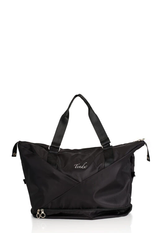Roomy and stylish this dance bag by Tendu has a generous bottom compartment to keep wet goods, shoes etc separate from the clean stuff ! It features a sleeve on the back that slots onto the handles of a suitcase for easy transportation
